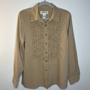 Orvis Ruffle Front Button Down Blouse Tan | Size 12